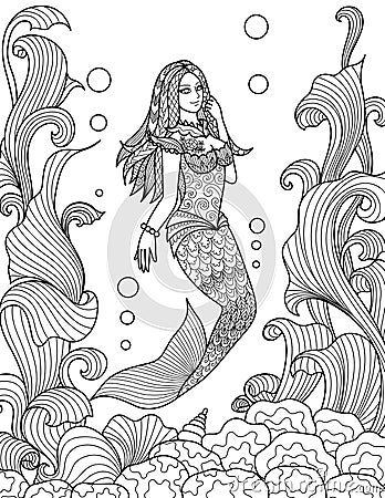 Beautiful mermaid swimming under the sea for adult coloring book pages. Vector illustration Vector Illustration
