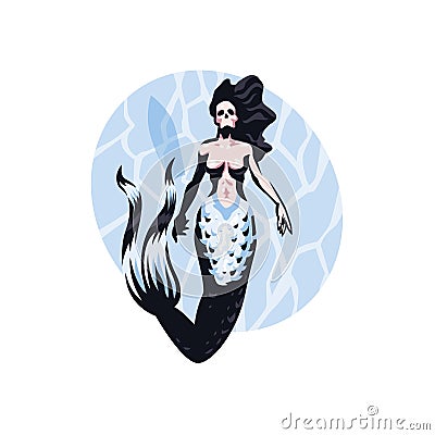 A beautiful mermaid woman with a skull instead of a head looks up and swims underwater. A ship on the surface of the Vector Illustration