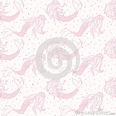 Beautiful mermaids pink contours vector seamless pattern. Underwater mythical creatures on the white polka dot background. Vector Illustration
