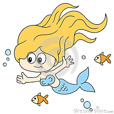 Beautiful mermaids swim with the fish in the sea, doodle icon image Vector Illustration