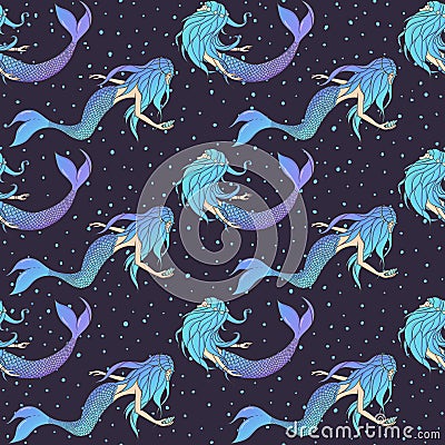 Beautiful mermaids vector seamless pattern. Underwater mythical Vector Illustration