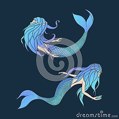 Beautiful mermaids vector set. Underwater mythical creatures iso Vector Illustration