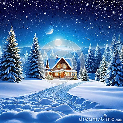 A beautiful Merry Christmas scene with a festive night snow background and a winter A Happy New Year and Christmas A digital Cartoon Illustration