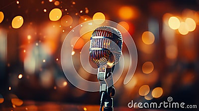 Beautiful metal chrome retro microphone for singing and karaoke on a blurred Stock Photo