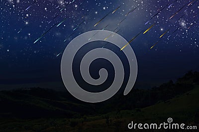 Beautiful meteor shower sky over the valley Stock Photo