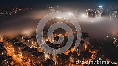 Beautiful metropolitan city skyscraper high rise building in the night misty foggy environment, busy night life, illuminate light Stock Photo