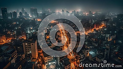 Beautiful metropolitan city skyscraper high rise building in the night sky busy night life, misty foggy city landscape Stock Photo