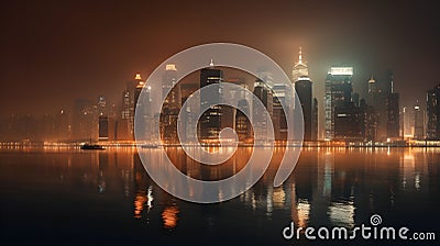 Beautiful metropolitan city skyscraper high rise building in the night sky busy night life, reflection on the water Stock Photo