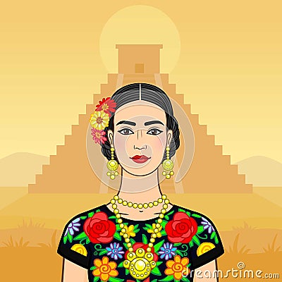 Beautiful Mexican woman in a national clothes. Vector Illustration