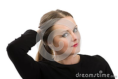 Beautiful middle age woman cancer patient before shaving hair Stock Photo