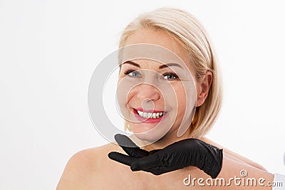 Beautiful middle-aged woman close up before plastic surgery and injection of botox isolated over white Stock Photo