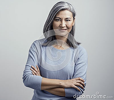 Asian senior woman with crossed arms shows dissproval Stock Photo