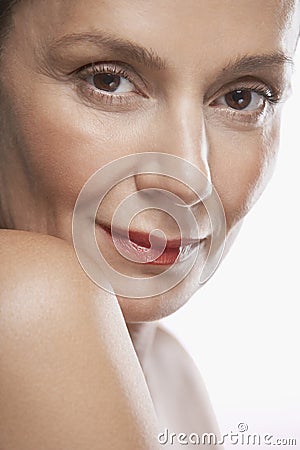 Beautiful Middle Aged Woman Wearing Lipstick Stock Photo