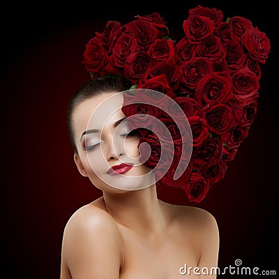 Beautiful model woman rose flower in hair heart shape beauty salon Stock Photo