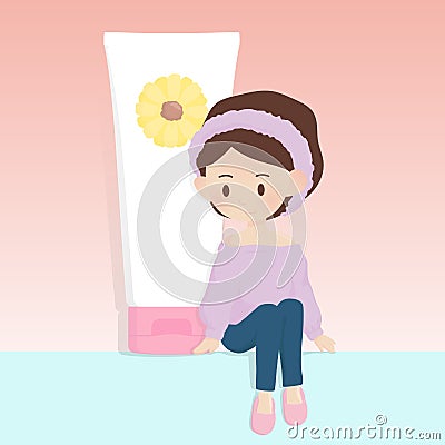 Beautiful models girl sitting next to a bottle of foam cleanser Advertising foam cleansers Stock Photo