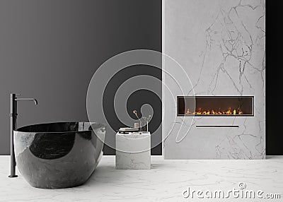 Beautiful modern bathroom with gas or electric fireplace. Contemporary style interior design. Burning fire. Cosy Stock Photo