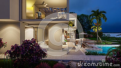 Beautiful modern beach villa at dusk Stock Photo