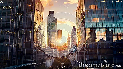 Beautiful modern city, downtown at sunset. Financial district with glass skyscrapers at sunset Stock Photo