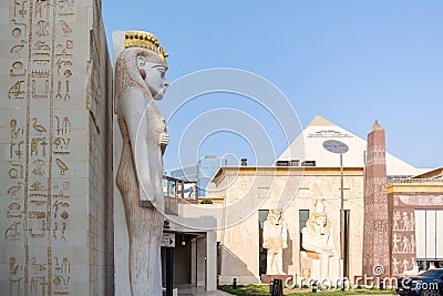 Beautiful Modern design inspired by ancient Egyptian architecture - pharaohs and ancient symbols of Egypt - WAFI mall in Dubai Editorial Stock Photo