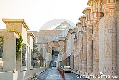 Beautiful Modern design inspired by ancient Egyptian architecture - pharaohs and ancient symbols of Egypt - WAFI mall in Dubai Editorial Stock Photo
