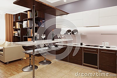 Beautiful modern interior combined living room and kitchen. 3d rendering Stock Photo