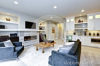 Beautiful modern living room interior with stone wall and fireplace in luxury home Stock Photo