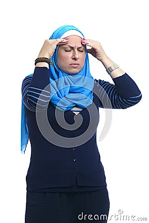 Beautiful Modern Muslim Woman Has a Headache Stock Photo