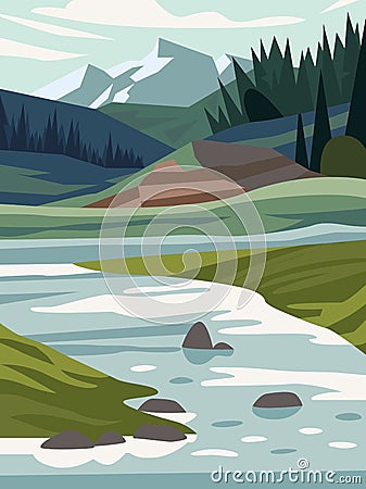 Beautiful modern view of nature landscape with forest, mountains,river,lake,waterfall,and pines. Banner, background scenery vector Vector Illustration