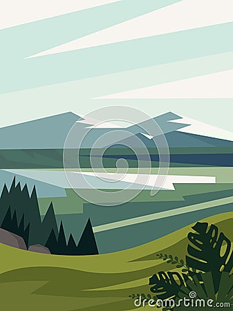 Beautiful modern view of nature landscape with forest, mountains,river,lake,waterfall,and pines. Banner, background scenery vector Vector Illustration