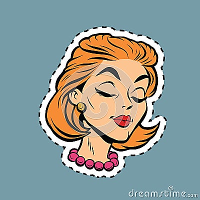 Beautiful modest retro girl head sticker label Vector Illustration