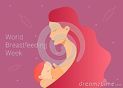 Beautiful mom is breastfeeding her newborn baby. Trendy fliud waving hair. Stock Photo