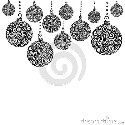 Beautiful monochrome Black and White Christmas background with Christmas balls Hanging . Vector Illustration