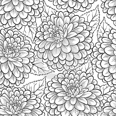 Beautiful monochrome, black and white seamless background with flowers dahlia. Stock Photo