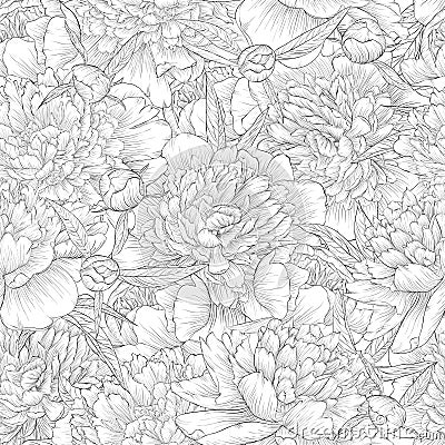 Beautiful monochrome black and white seamless background. peonies with leaves and bud. Vector Illustration