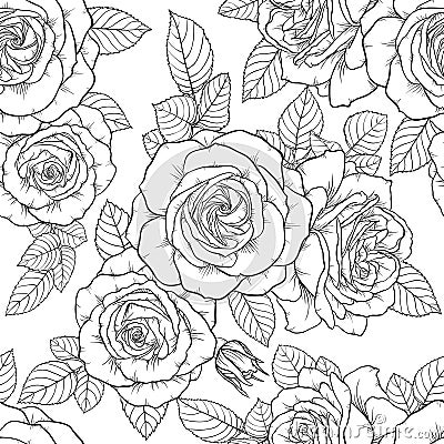 Beautiful monochrome black and white seamless pattern with roses, leaves. Hand drawn contour lines. Vector Illustration