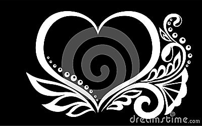 Beautiful monochrome black and white silhouette of the heart of lace flowers, tendrils and leaves isolated. Vector Illustration