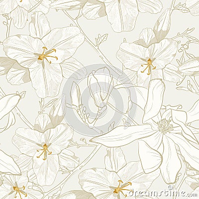 Beautiful monochrome, sepia outline seamless pattern with lilies and magnolia flowers with leaves. Stock Photo