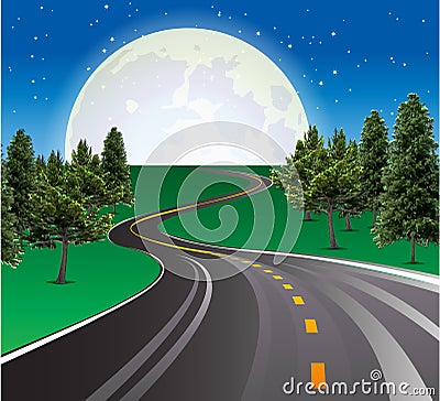 Landscape road Beautiful moon rising, highways road in rural scene Vector Illustration