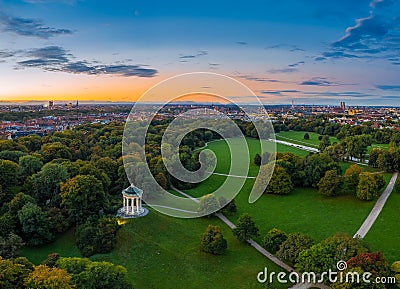 The beautiful morning mood in autumn by a flight over the English Garden of Munich, Bavaria. Stock Photo