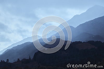 Beautiful morning Scottish landscape with tonal perspective in blue tonality Stock Photo