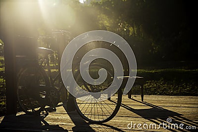 The beautiful morning sun is shining on an old ladies bicycle in garden. Vintage faded look with backlighting rim lighting Stock Photo