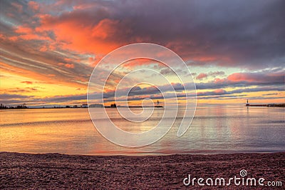 A beautiful Morning Sunrise in the Grand Marais, Minnesota Harbor on Lake Superior Stock Photo