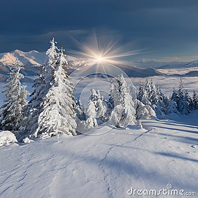 Beautiful morninglandscape in mountains in winter Stock Photo