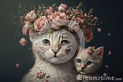 Beautiful mother and baby cat animals with flower crown. Colorful portrait wallpaper. Mother's Day Generative AI Stock Photo