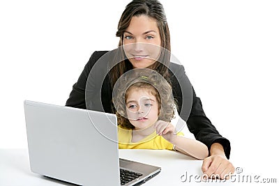 Beautiful mother and daughter laptop computer Stock Photo