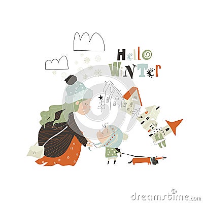 Beautiful mother helps her young daughter to tie the hat Vector Illustration