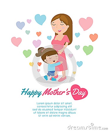 Beautiful mother with her daughter. Card of Happy Mothers Day. Vector illustration with beautiful women and child, happy mothers d Vector Illustration