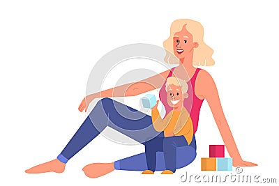 Beautiful mother play with her child on floor. Vector Illustration