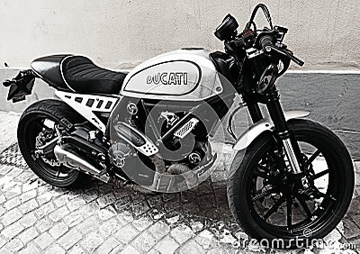 A beautiful motor bike parked in a black and white photo Editorial Stock Photo