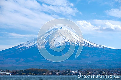 Beautiful Mount Fuji with snow capped and sky at Lake kawaguchiko, Japan. landmark and popular for tourist attractions Stock Photo